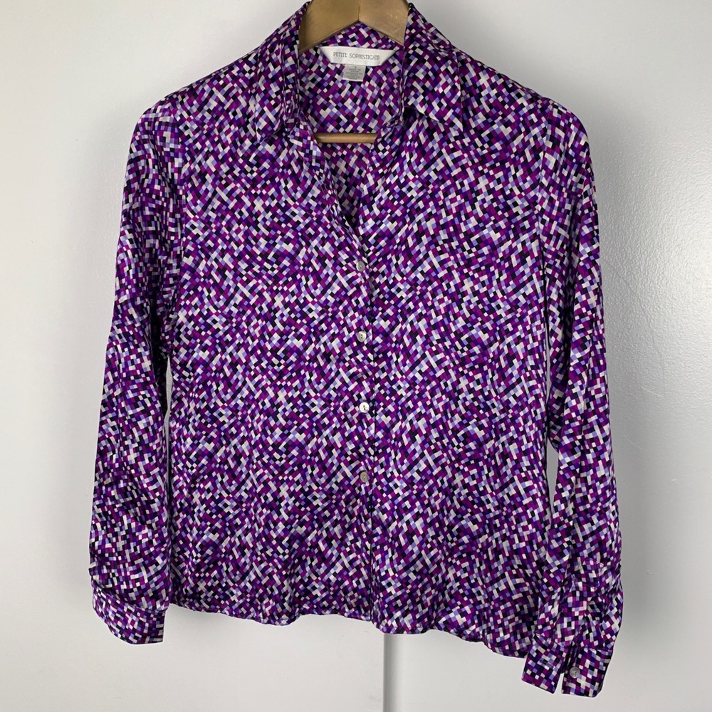 Petite Sophisticate Purple Squares Silk Blouse